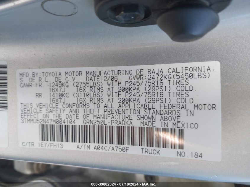 2007 Toyota Tacoma Double Cab Long Bed VIN: 3TMMU52N47M004104 Lot: 39882324
