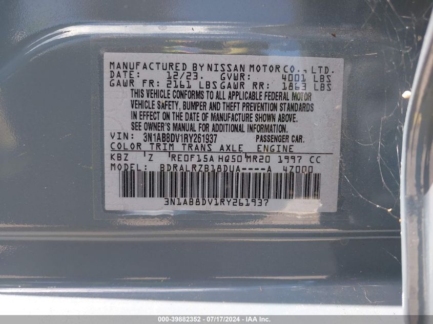 2024 Nissan Sentra Sr VIN: 3N1AB8DV1RY261937 Lot: 39882352