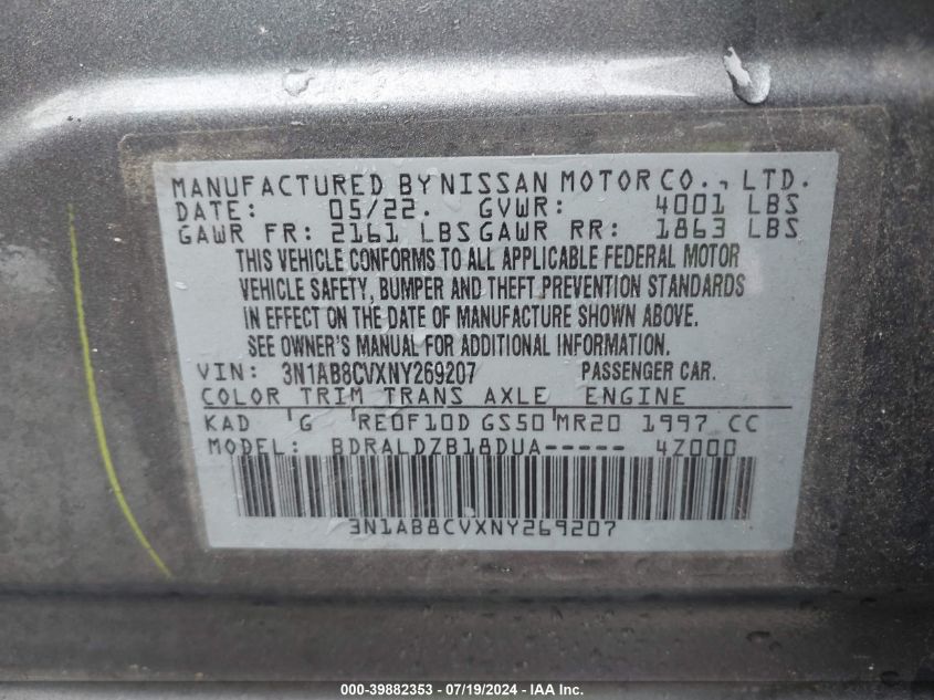 2022 Nissan Sentra Sv Xtronic Cvt VIN: 3N1AB8CVXNY269207 Lot: 39882353