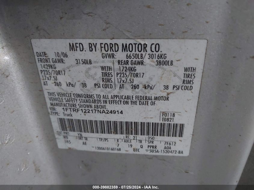 2007 Ford F-150 Stx/Xl/Xlt VIN: 1FTRF12217NA24914 Lot: 39882359