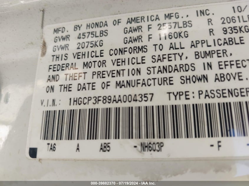 2010 Honda Accord 3.5 Ex-L VIN: 1HGCP3F89AA004357 Lot: 39882370