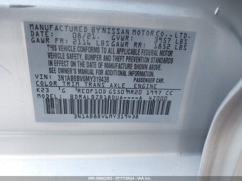 2021 NISSAN SENTRA 2.0L I-4 DI, DOHC, V(VIN: 3N1AB8BV6MY319438