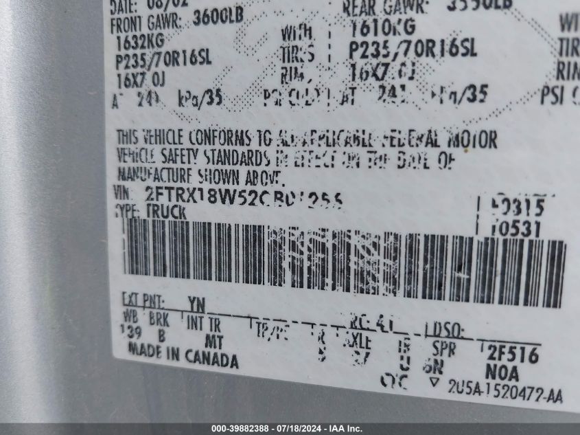 2002 Ford F-150 Lariat/Xl/Xlt VIN: 2FTRX18W52CB01256 Lot: 39882388