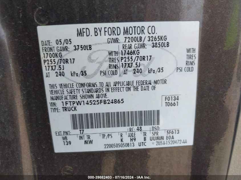 2005 Ford F-150 Fx4/Lariat/Xlt VIN: 1FTPW14525FB24865 Lot: 39882403