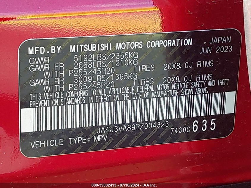 2024 Mitsubishi Outlander Se/Black Edition VIN: JA4J3VA89RZ004323 Lot: 39882413