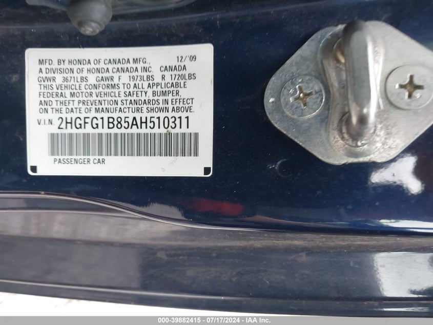 2010 Honda Civic Ex VIN: 2HGFG1B85AH510311 Lot: 39882415