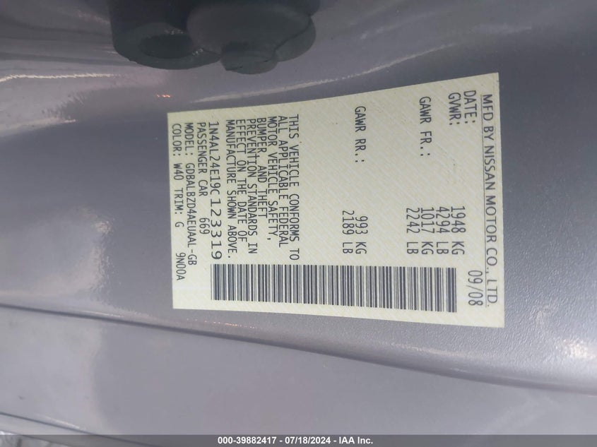 2009 Nissan Altima 2.5 S VIN: 1N4AL24E19C123319 Lot: 39882417