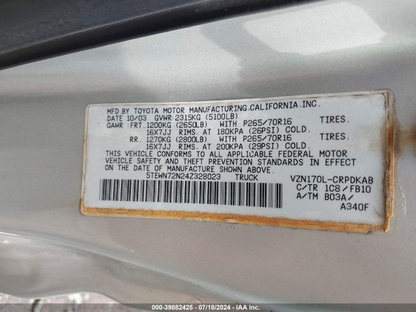 2004 Toyota Tacoma Base V6 VIN: 5TEWN72N24Z328023 Lot: 39882425