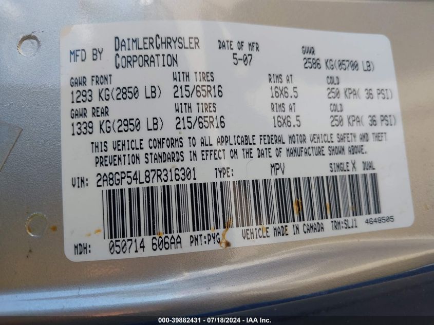 2007 Chrysler Town & Country Touring VIN: 2A8GP54L87R316301 Lot: 39882431