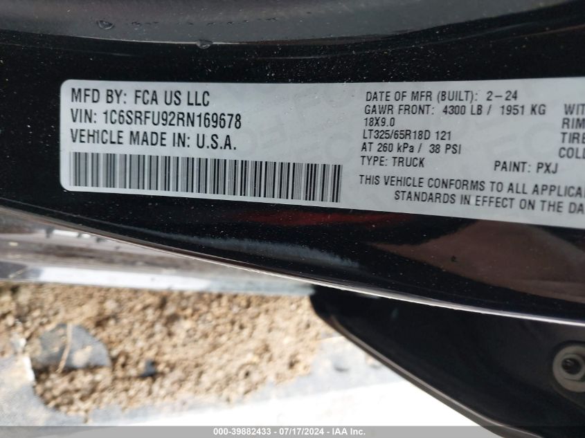 2024 Ram 1500 Trx 4X4 5'7 Box VIN: 1C6SRFU92RN169678 Lot: 39882433