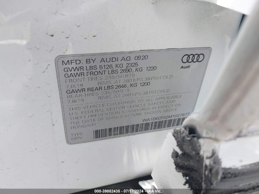 2021 Audi Q3 Premium 45 Tfsi S Line Quattro Tiptronic VIN: WA1DECF32M1027877 Lot: 39882435