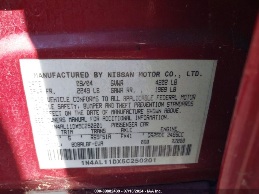 2005 Nissan Altima 2.5 S VIN: 1N4AL11DX5C250201 Lot: 39882439