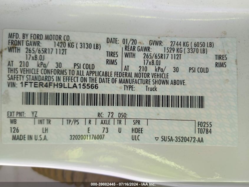 2020 Ford Ranger Xl/Xlt/Lariat VIN: 1FTER4FH9LLA15566 Lot: 39882445