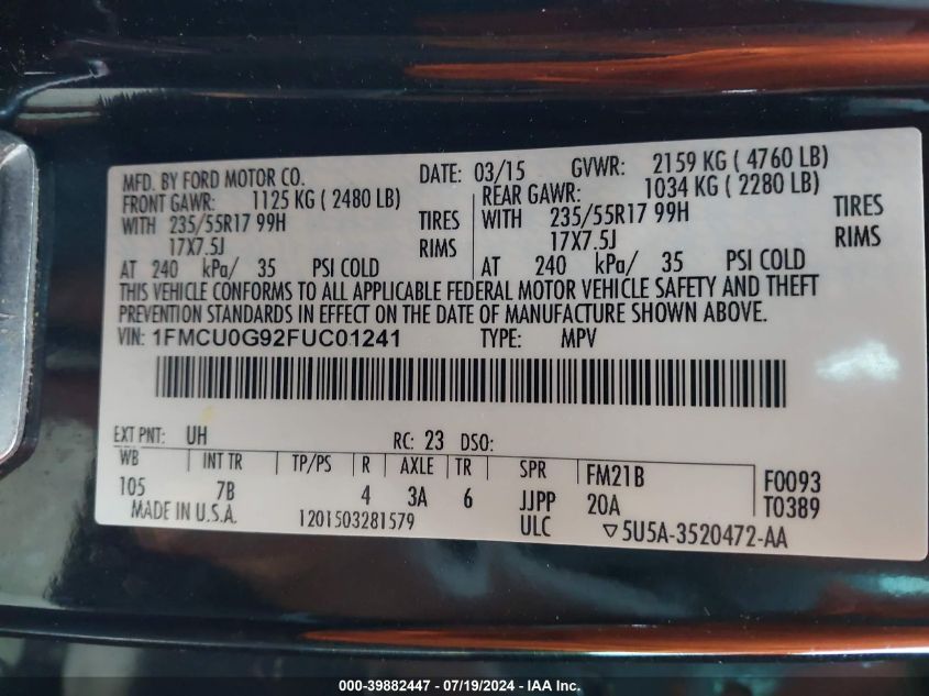 2015 Ford Escape Se VIN: 1FMCU0G92FUC01241 Lot: 39882447