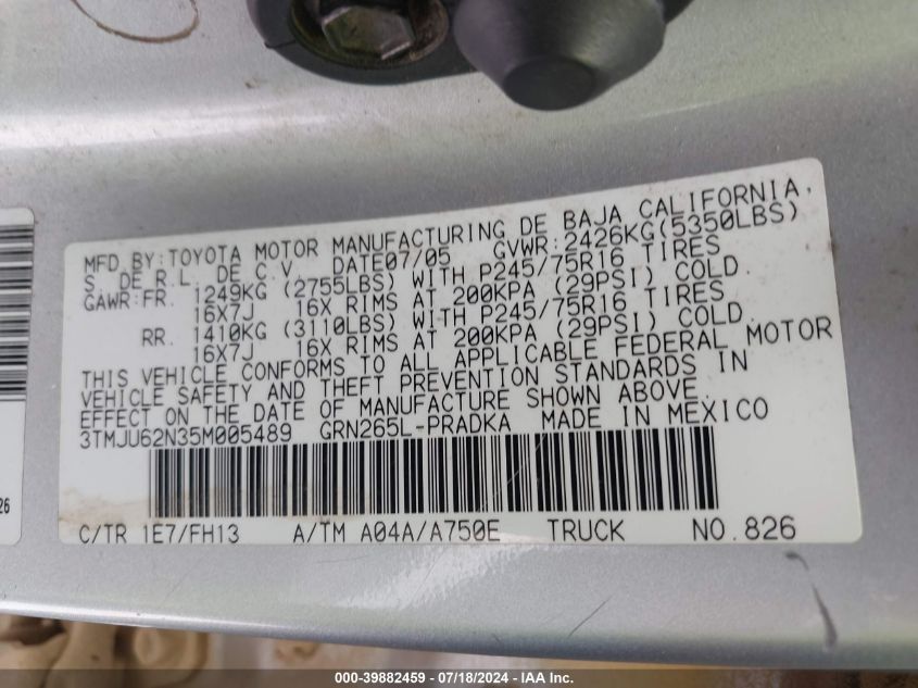 2005 Toyota Tacoma Double Cab Prerunner VIN: 3TMJU62N35M005489 Lot: 39882459