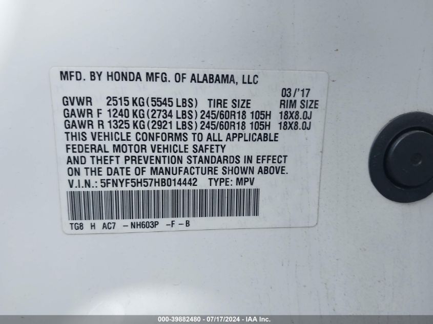 2017 Honda Pilot Ex-L VIN: 5FNYF5H57HB014442 Lot: 39882480