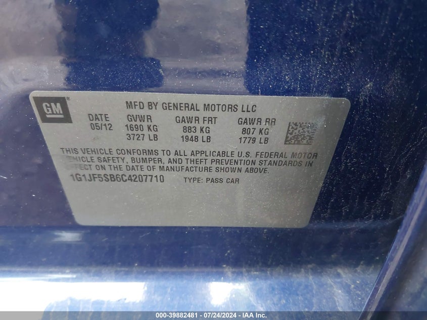 2012 Chevrolet Sonic 1Lz VIN: 1G1JF5SB6C4207710 Lot: 39882481