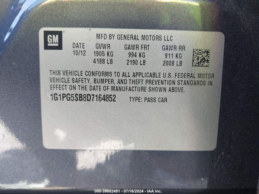 2013 Chevrolet Cruze Ltz VIN: 1G1PG5SB8D7164852 Lot: 39882491