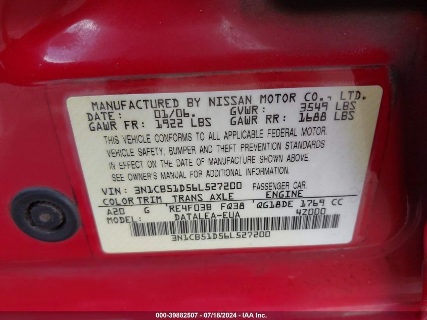 2006 Nissan Sentra 1.8S VIN: 3N1CB51D56L527200 Lot: 39882507