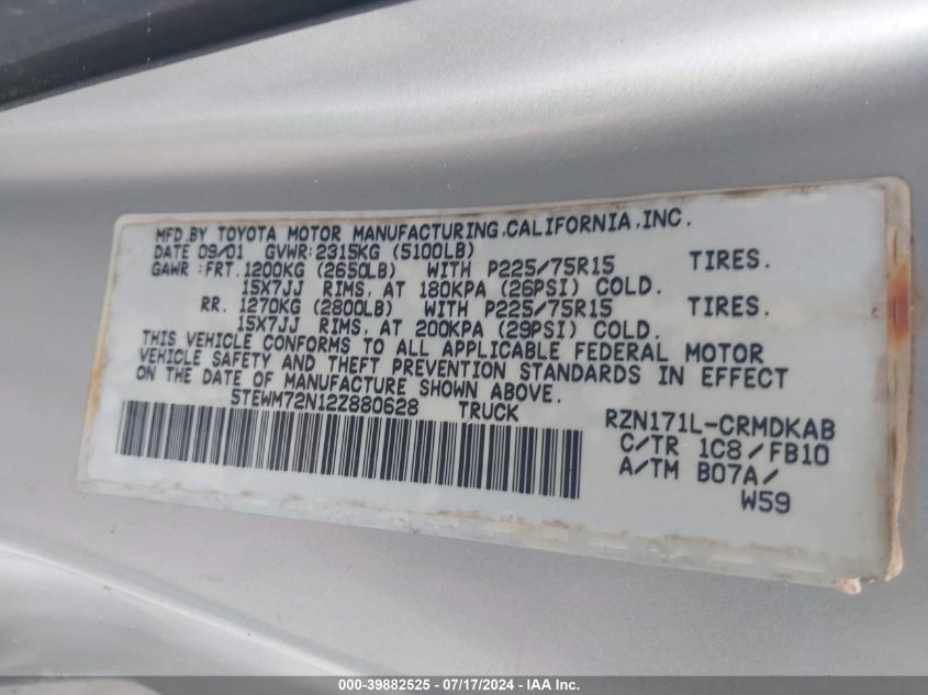 2002 Toyota Tacoma VIN: 5TEWM72N12Z880628 Lot: 39882525