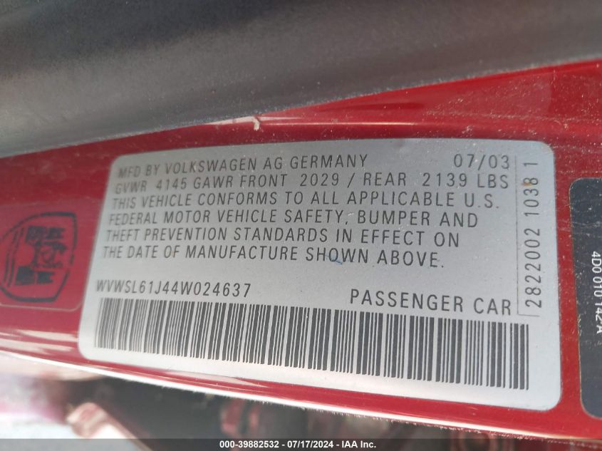 2004 Volkswagen Jetta Gls 2.0L VIN: WVWSL61J44W024637 Lot: 39882532