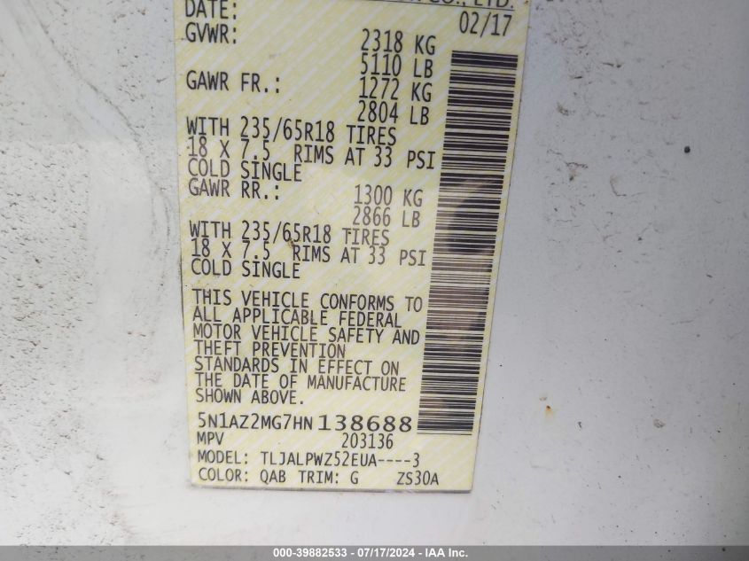 2017 Nissan Murano S/Sl/Sv/Platinum VIN: 5N1AZ2MG7HN138688 Lot: 39882533