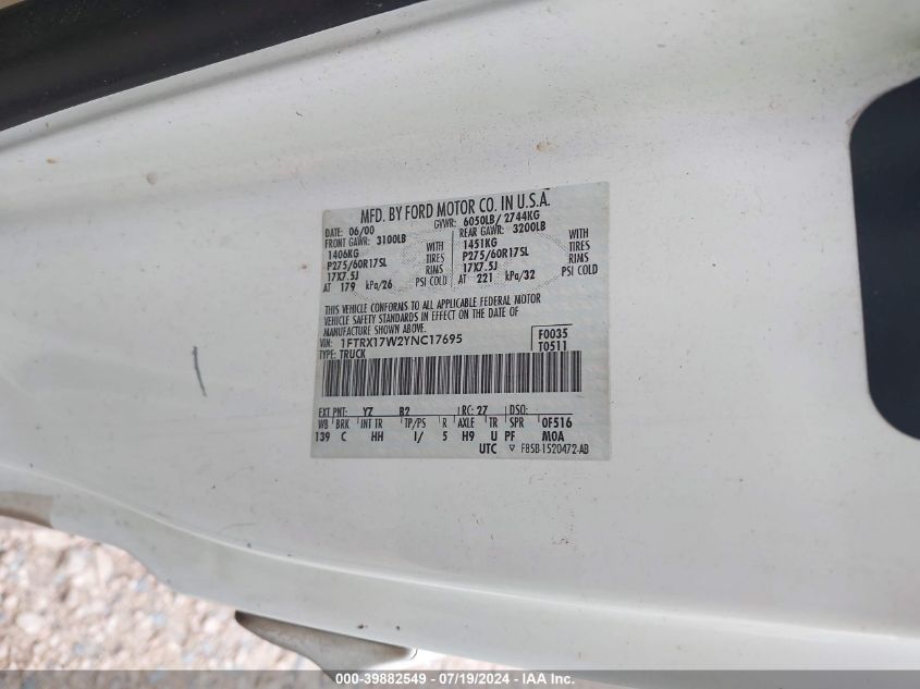 2000 Ford F-150 Lariat/Work Series/Xl/Xlt VIN: 1FTRX17W2YNC17695 Lot: 39882549