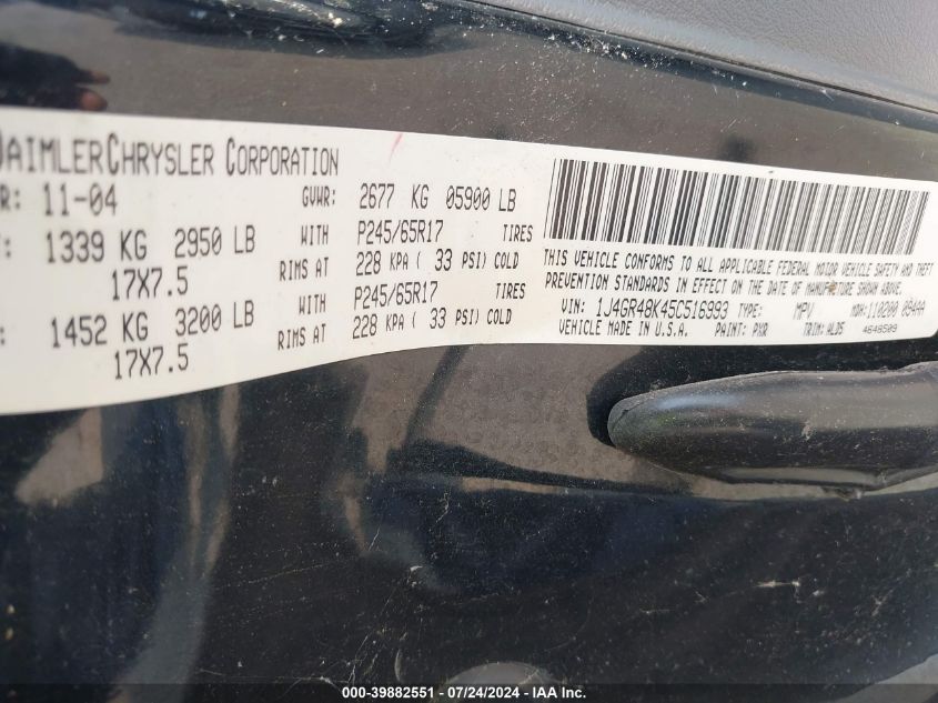 2005 Jeep Grand Cherokee Laredo VIN: 1J4GR48K45C516993 Lot: 39882551