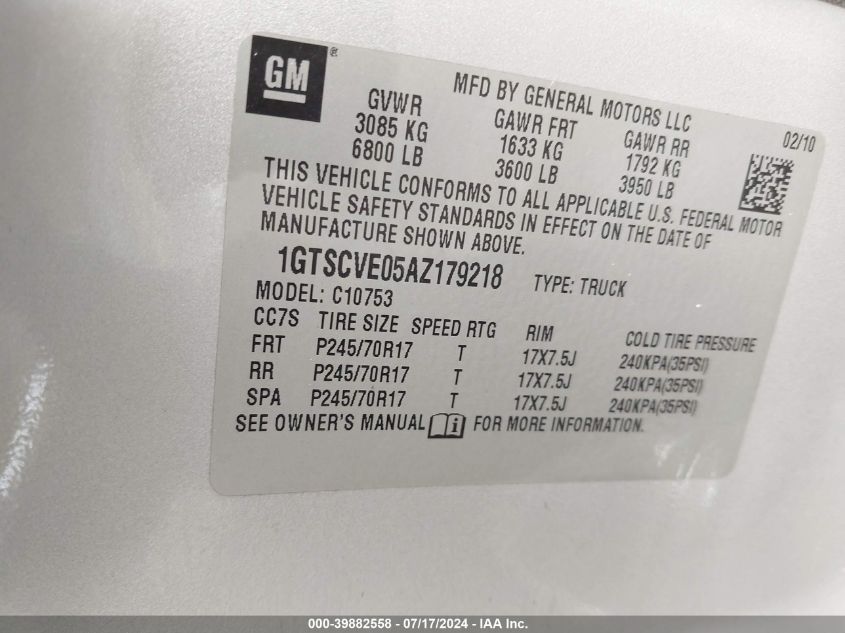 2010 GMC Sierra 1500 Sle VIN: 1GTSCVE05AZ179218 Lot: 39882558