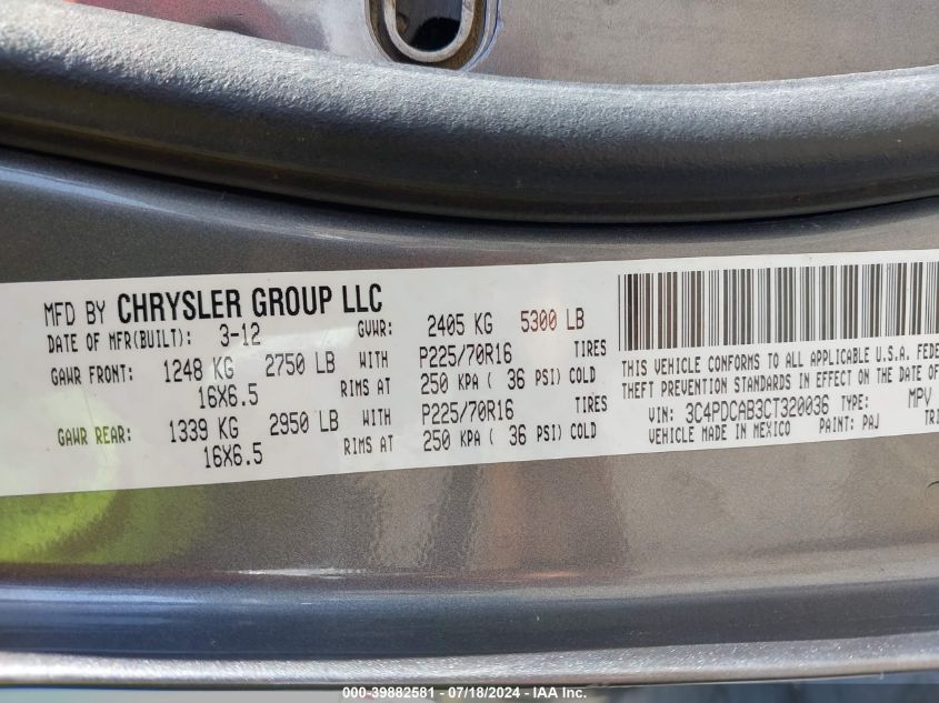 2012 Dodge Journey Se VIN: 3C4PDCAB3CT320036 Lot: 39882581