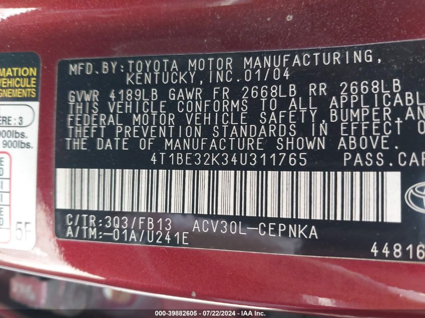 2004 Toyota Camry Le VIN: 4T1BE32K34U311765 Lot: 39882605