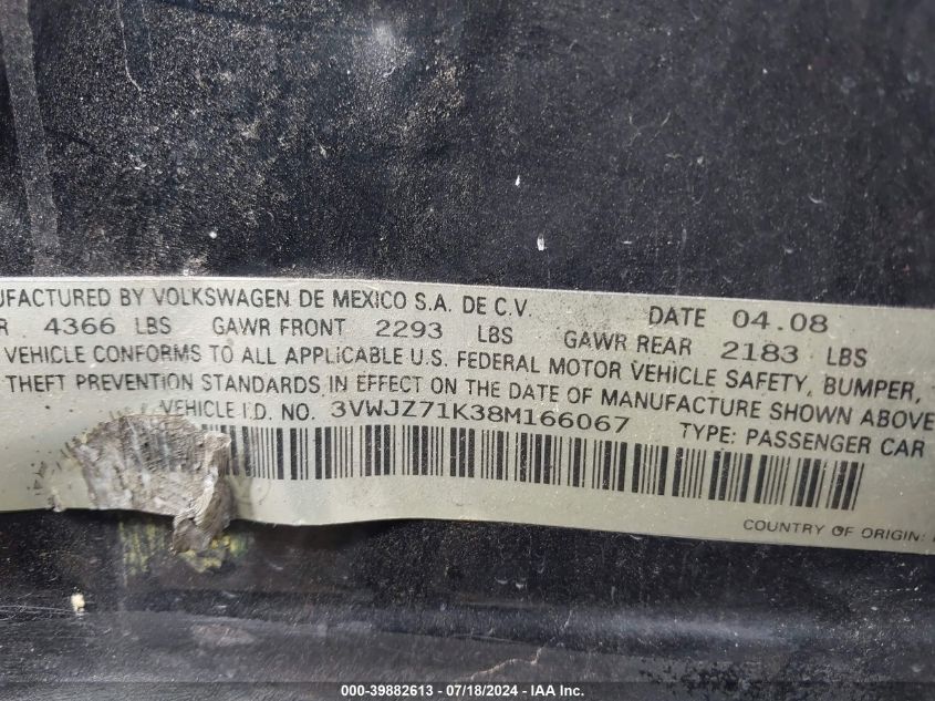 2008 Volkswagen Jetta S VIN: 3VWJZ71K38M166067 Lot: 39882613