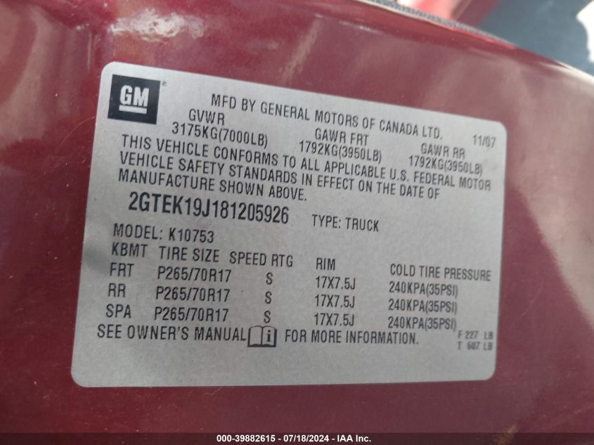 2008 GMC Sierra 1500 Sle1 VIN: 2GTEK19J181205926 Lot: 39882615