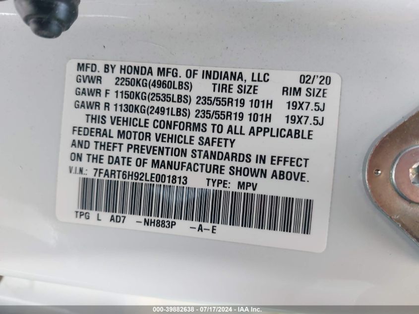 2020 Honda Cr-V Hybrid Touring VIN: 7FART6H92LE001813 Lot: 39882638