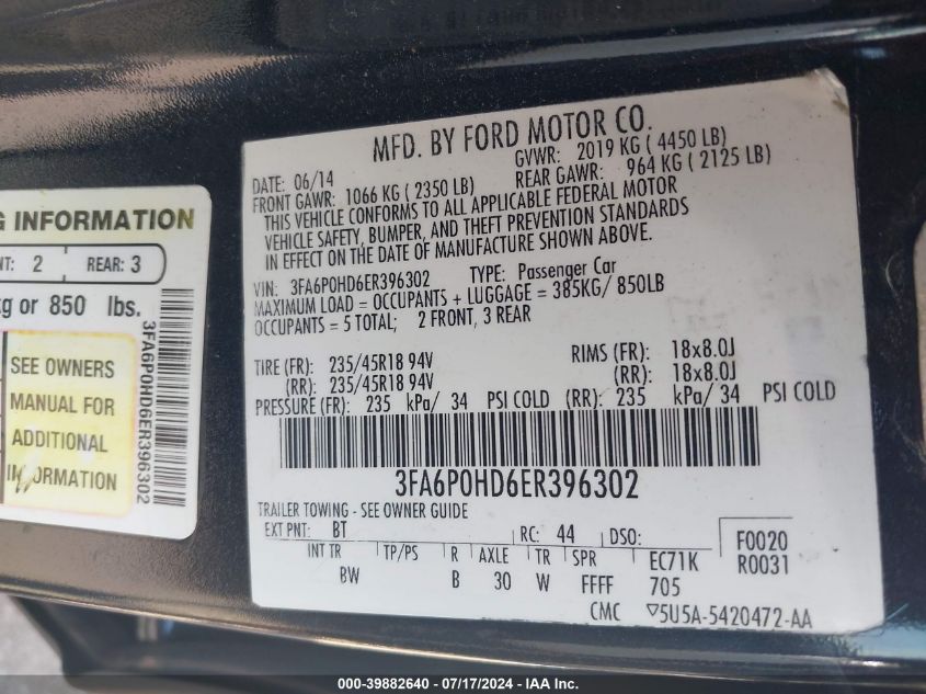 3FA6P0HD6ER396302 | 2014 FORD FUSION