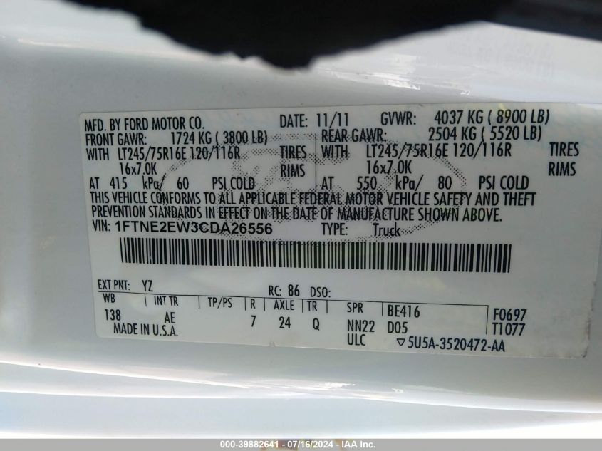 2012 Ford E-250 Commercial VIN: 1FTNE2EW3CDA26556 Lot: 39882641