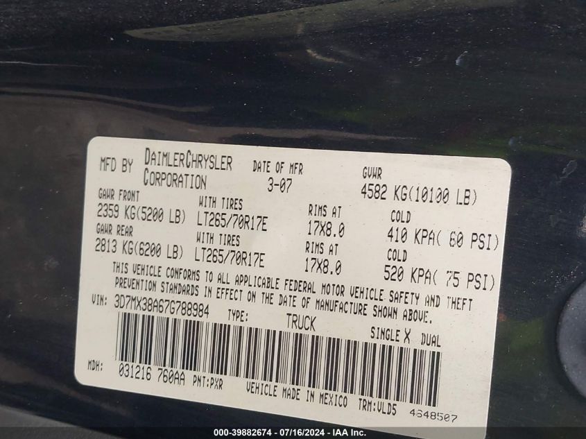 2007 Dodge Ram 3500 Laramie VIN: 3D7MX38A67G788984 Lot: 39882674