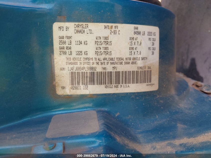 1993 Jeep Cherokee Sport VIN: 1J4FJ68S4PL588892 Lot: 39882679