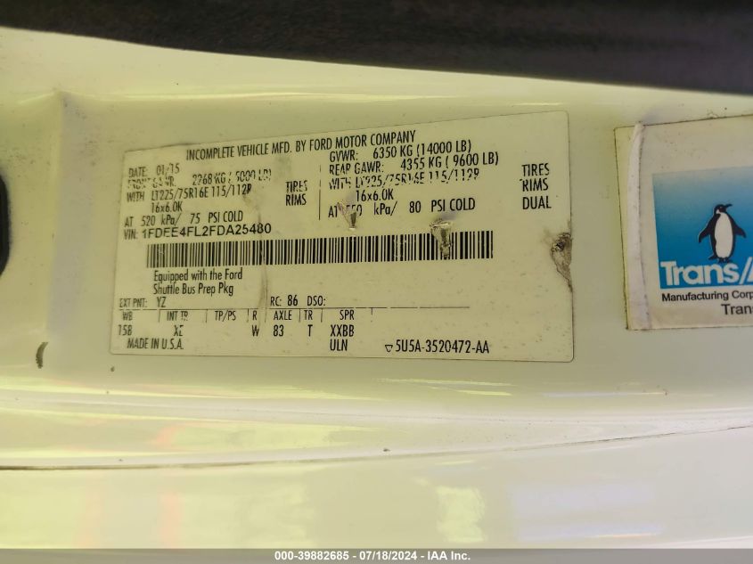 2015 Ford Econoline E450 Super Duty Cutwy Van VIN: 1FDEE4FL2FDA25480 Lot: 39882685