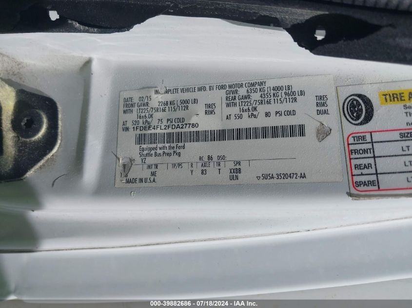 2015 Ford Econoline E450 Super Duty Cutwy Van VIN: 1FDEE4FL2FDA27780 Lot: 39882686