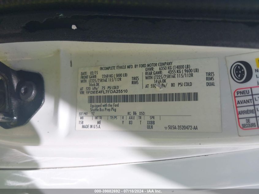 2015 Ford Econoline E450 Super Duty Cutwy Van VIN: 1FDEE4FL7FDA25510 Lot: 39882692