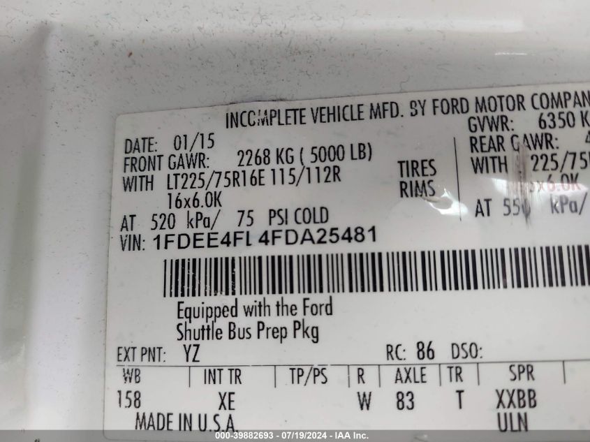 2015 Ford Econoline E450 Super Duty Cutwy Van VIN: 1FDEE4FL4FDA25481 Lot: 39882693