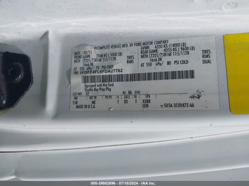 2015 Ford Econoline E450 Super Duty Cutwy Van VIN: 1FDEE4FL6FDA27782 Lot: 39882696