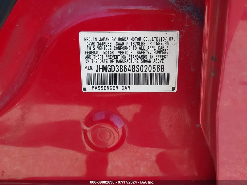 2008 Honda Fit Sport VIN: JHMGD38648S020568 Lot: 39882698