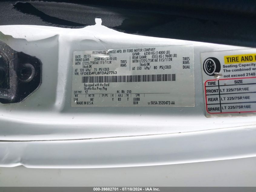 2015 Ford Econoline E450 Super Duty Cutwy Van VIN: 1FDEE4FL8FDA27783 Lot: 39882701