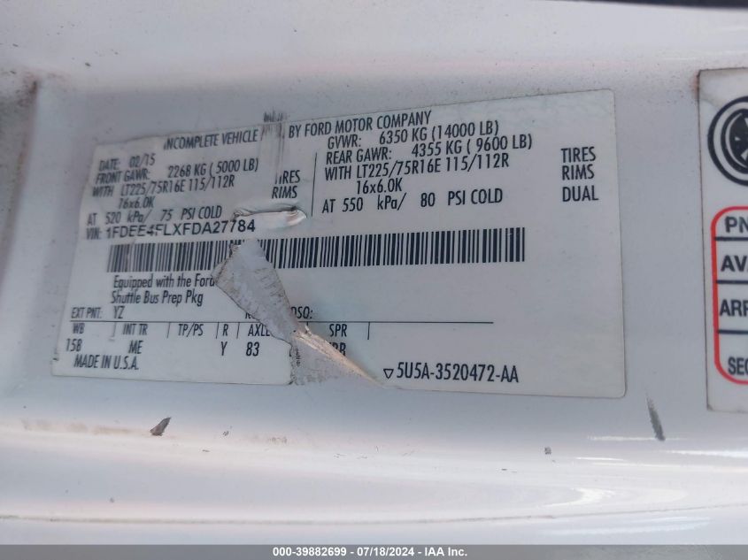 2015 Ford Econoline E450 Super Duty Cutwy Van VIN: 1FDEE4FLXFDA27784 Lot: 39882699