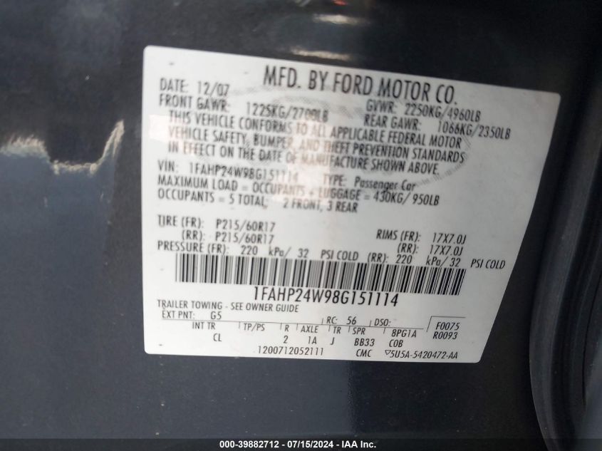 2008 Ford Taurus Sel VIN: 1FAHP24W98G151114 Lot: 39882712