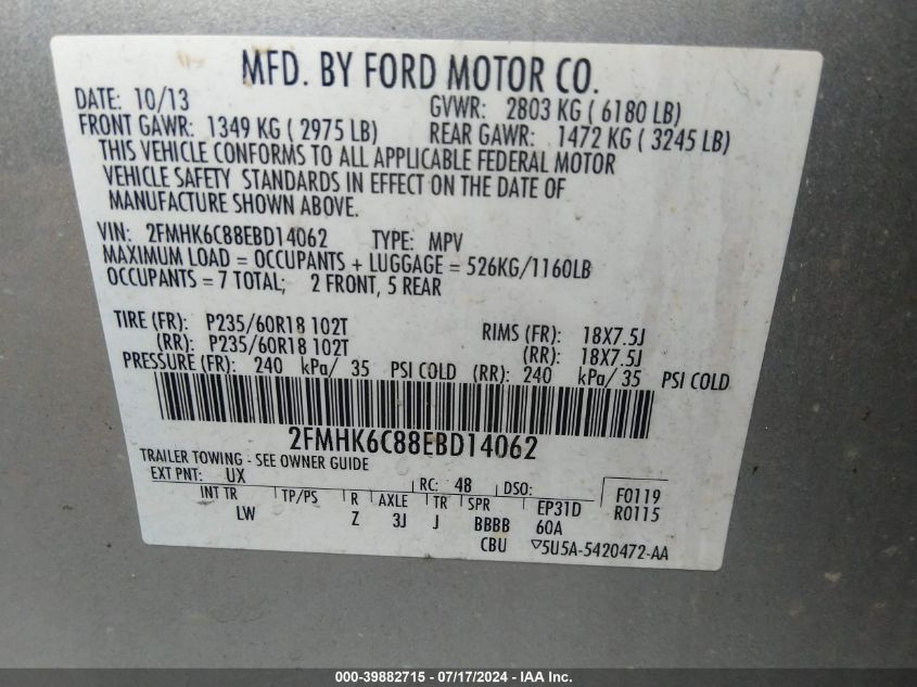 2014 Ford Flex Sel VIN: 2FMHK6C88EBD14062 Lot: 39882715