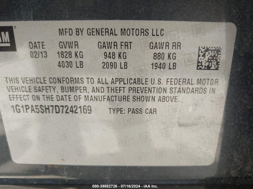 2013 Chevrolet Cruze Ls Auto VIN: 1G1PA5SH7D7242169 Lot: 39882726