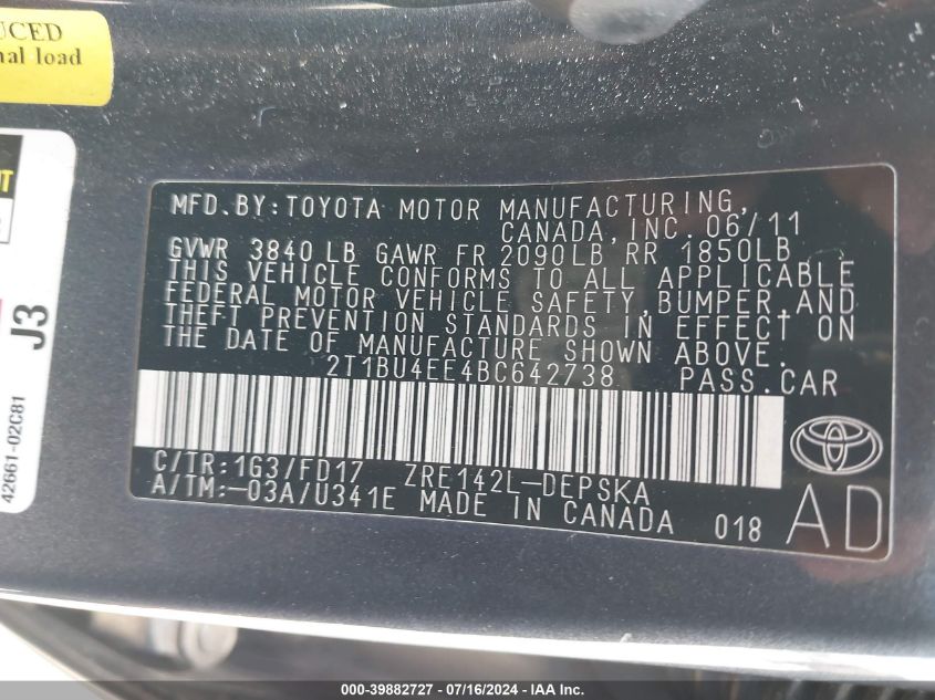 2011 Toyota Corolla S/Le VIN: 2T1BU4EE4BC642738 Lot: 39882727